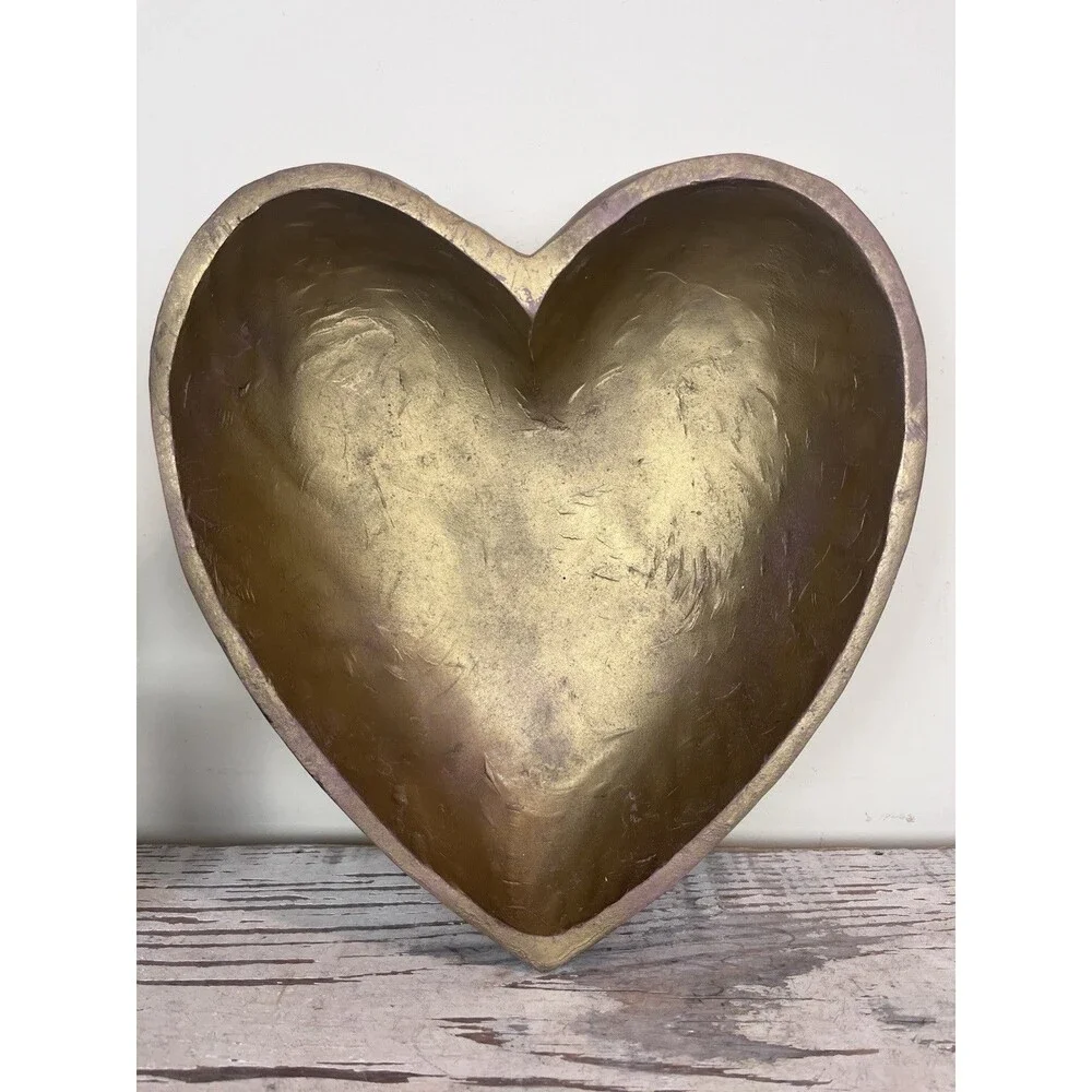 Charming Vintage Hand Carved Wooden Heart Bowl Gold Painted 13”x12”